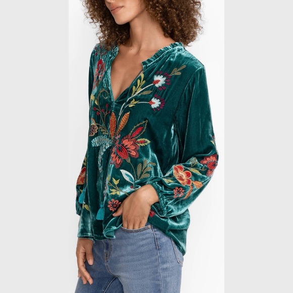Johnny Was Teal Floral Embroidered Blouse - Picture 2 of 8